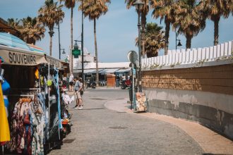 Mercado de souvenirs com visitantes e palmeiras em uma rua de Málaga, na Espanha.